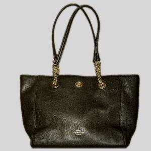 Coach Black Pebbled Leather Super Cute Tote with Gold Chain Straps and Turn-Lock